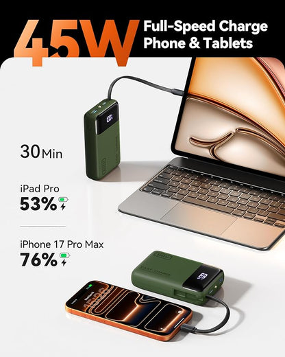 INIU 45W Portable Charger, Smallest 20000mAh Power Bank with Build in USB-C Cable, Fast Charging USB C in&Out Battery Pack, Travel Phone Charger for iPhone 17 16 15 Air Samsung S25 S24 Google, Green