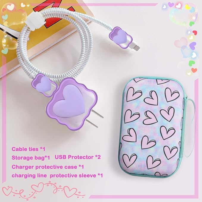 CameCosy Phone Charger Storage Case Set with Purple 3D love Heart Carrying Cover Bag kawaii Cute DIY Cable Protector charger accessories USB line Travel Cable Organizer,Compatible for iPhone