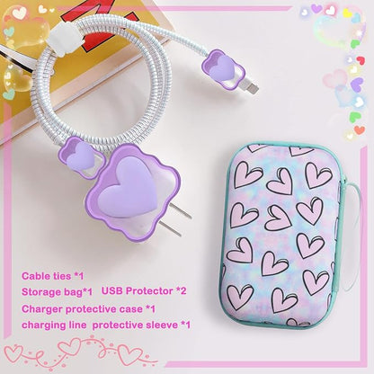 CameCosy Phone Charger Storage Case Set with Purple 3D love Heart Carrying Cover Bag kawaii Cute DIY Cable Protector charger accessories USB line Travel Cable Organizer,Compatible for iPhone