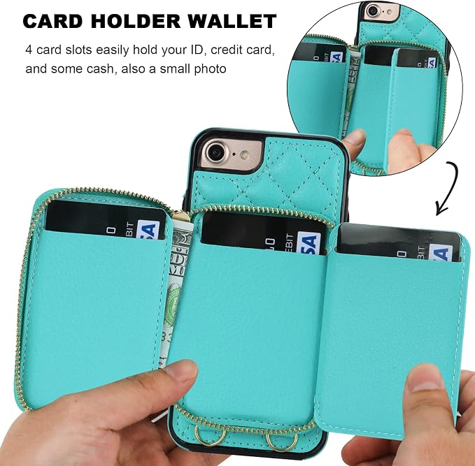 Bocasal Crossbody Wallet Case for iPhone SE 2022/SE 2020/8/7, RFID Blocking PU Leather Zipper Handbag Purse Flip Cover, Kickstand Folio Case Card Slots Holder Wrist Strap Lanyard 4.7 Inch (Mint Green)