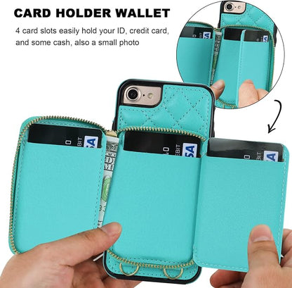 Bocasal Crossbody Wallet Case for iPhone SE 2022/SE 2020/8/7, RFID Blocking PU Leather Zipper Handbag Purse Flip Cover, Kickstand Folio Case Card Slots Holder Wrist Strap Lanyard 4.7 Inch (Mint Green)