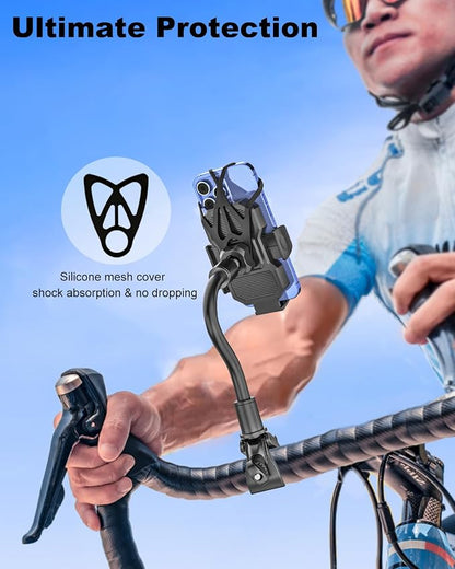Gooseneck Bike Phone Holder Handlebar Clamp for Treadmill, Peloton, Spin Bike, Wheelchair, Bicycle, Stroller, Bike Phone Mount for iPhone 16 Pro Max, 15 14 13 Mini, 4-7" Smartphone