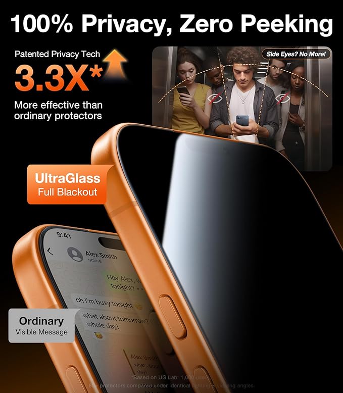 UltraGlass TOP 9H+ Armor for iPhone 17 Pro Privacy Screen Protector [NO.1 Military Grade Shatterproof] Privacy Screen iPhone 17 Pro Tempered Glass [100% Anti-Spy] Longest Durable, 2 Pack 6.3''