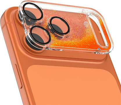 HANKN Quicksand Lens for iPhone 17 Pro Camera Lens Tempered Glass Protector, Ultra HD Clear 9H Hardness Anti-Scrach Dynamic Liquid Glitter Sand Cute Cover Strong Adsorption Case Friendly (Orange, iPhone 17 Pro)