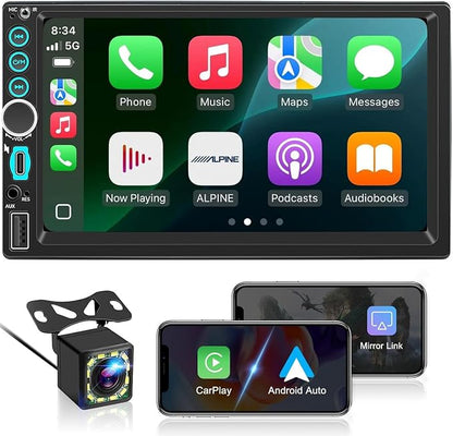7'' Wireless Double Din Car Stereo Carplay Radio Screen for Car Audio Receivers, Bluetooth Car Play Android Auto Touchscreen, Mirror Link, FM/AM, Backup Camera, Type-C