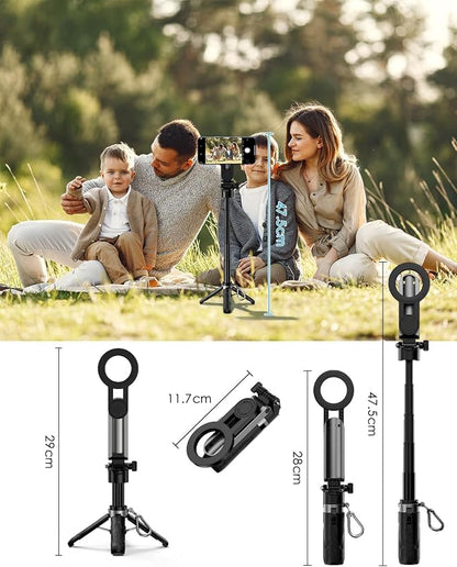 CloudValley Magnetic 4-in-1 Multifunctional Selfie Stick Tripod, Mini Portable Pocket Phone Stand with Detachable Remote, Compatible with MagSafe, for iPhone/Android, Travel Vlog, Live Stream, White