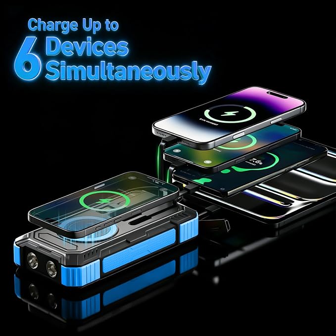 Solar Power Bank 49800mAh Portable Wireless Charger with USB-C 22.5W Fast Charging Built in 4 Cables Compatible with iPhone, iPad, Bright LED Flashlight Perfect for Camping (Blue)
