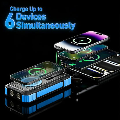 Solar Power Bank 49800mAh Portable Wireless Charger with USB-C 22.5W Fast Charging Built in 4 Cables Compatible with iPhone, iPad, Bright LED Flashlight Perfect for Camping (Blue)