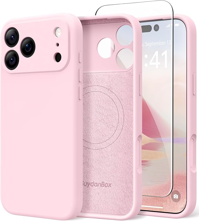 Magnetic for iPhone 17 Pro Case, Compatible with MagSafe, [Full Camera Protection][Screen Protector] Silicone Shockproof Protective Phone Case for iPhone 17 Pro 6.3", Chalk Pink
