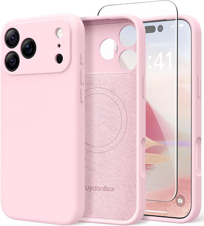Magnetic for iPhone 17 Pro Max Case, Compatible with MagSafe, [Full Camera Protection][Screen Protector] Silicone Shockproof Protective Phone Case for iPhone 17 Pro Max 6.9", Chalk Pink