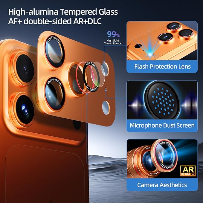 9H High-alumina Tempered Glass Camera Lens Protector for iPhone 17 Pro Lens , Military-Grade Shatterproof with Strong Adsorption, Full Coverage Case-Friendly Cover (Orange, iPhone 17 Pro - 2 Pack)