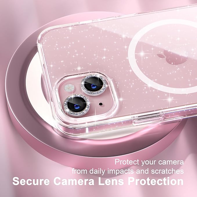 Choiche Compatible for iPhone 15 Plus Case Magnetic, Women Clear Glitter Sparkly Case, [2xDiamond Camera Lens Protectors] [2xTempered Glass Screen Protectors] [Compatible MagSafe] (Glitter Clear)