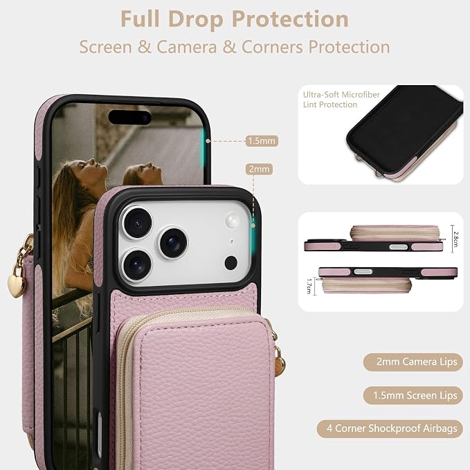 Keallce Case for iPhone 17 Pro Max 6.9'' Case Wallet, Crossbody Zipper Purse with RFID Blocking Card Slots Kickstand, Lanyard & Handstrap Flip Folio Leather Phone Cover for iPhone 17 Pro Max, Pink