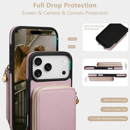 Keallce Case for iPhone 17 Pro Max 6.9'' Case Wallet, Crossbody Zipper Purse with RFID Blocking Card Slots Kickstand, Lanyard & Handstrap Flip Folio Leather Phone Cover for iPhone 17 Pro Max, Pink
