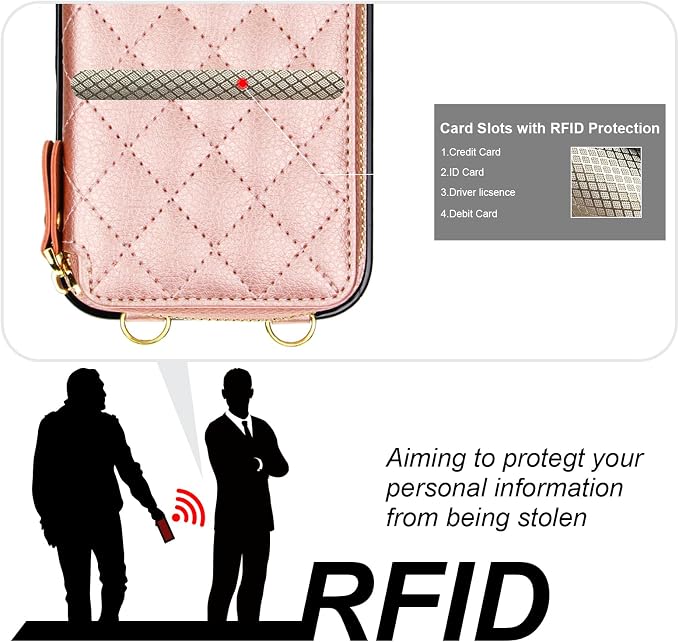 Bocasal Crossbody Wallet Case for iPhone 17 Pro Max, RFID Blocking PU Leather Zipper Handbag Purse Flip Cover, Kickstand Folio Case with Card Slots Holder Wrist Strap Lanyard 5G 6.9 Inch (Rose Gold)