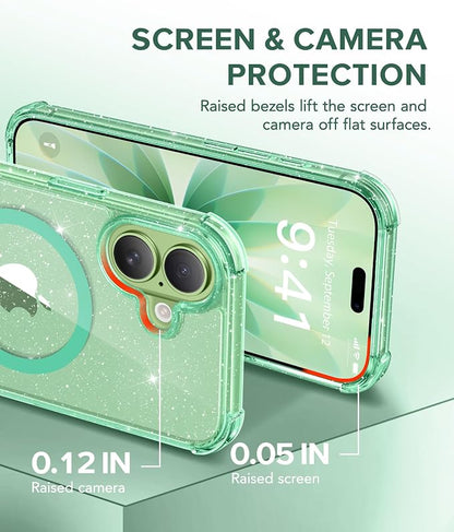 BERFY for iPhone 17 Case for Women, Clear Glitter Shockproof Protective Case, Anti-Yellowing, with Screen Protector & Camera Lens Protector 6.3", Magnetic Sparkle Green