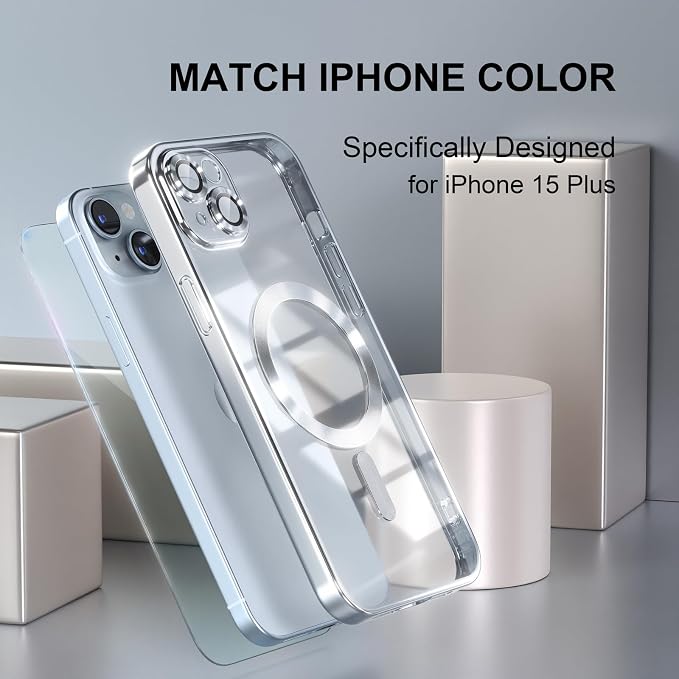 Misea Magnetic for iPhone 15 Plus Case Compatible with MagSafe [Never Yellowing] [Military Grade Drop Protection] Full Camera Lens Protector Plating Soft Clear Phone Case for Women, Silver