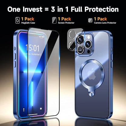 [Tri-Shield Protection] for iPhone 13 Pro Case with 360° Spin Stand Compatible with MagSafe [Magnetic CD Ring] [Screen & Camera Lens Protector] Shockproof Plating Never-Yellowing, Blue-6.1"