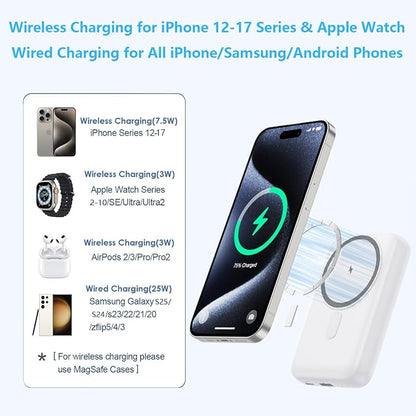 Magnetic Portable Charger with Apple-Watch Charger,10800mAh 25W PD Fast Charging Wireless Power Bank,4 Outputs Travel Essential Battery Pack for iPhone 17/17 Pro Max/16/15/14/13/12 All Series (White)