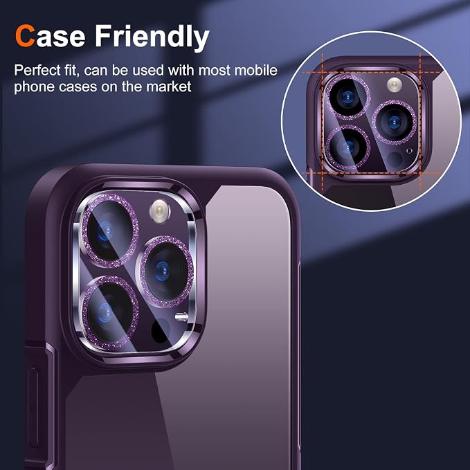 UniqueMe [3 Pack] Compatible for iPhone 14 Pro Max/iPhone 14 Pro Camera Lens Protector Tempered Glass,[Case Friendly][Scratch-Resistant][Night Shooting Mode]-Glitter Purple