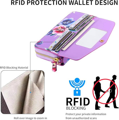 LITOU Compatible for Samsung Galaxy S26 Ultra Crossbody Phone Case,Detachable Magnetic,Card Holder,Zipper Leather Wallet Wrist Lanyard Strap Case for Women Men.PurpleFlower