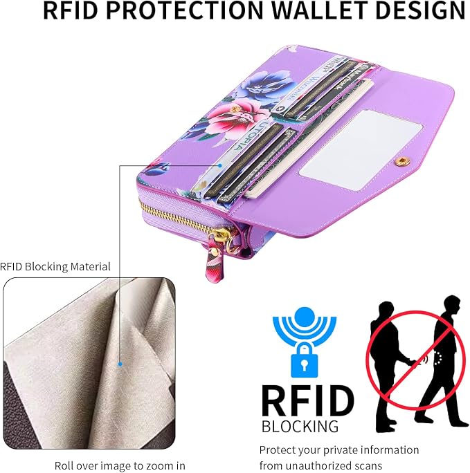 LITOU Compatible for Samsung Galaxy S26 Crossbody Phone Case,Detachable Magnetic,Card Holder,Zipper Leather Wallet Wrist Lanyard Strap Case for Women Men.PurpleFlower
