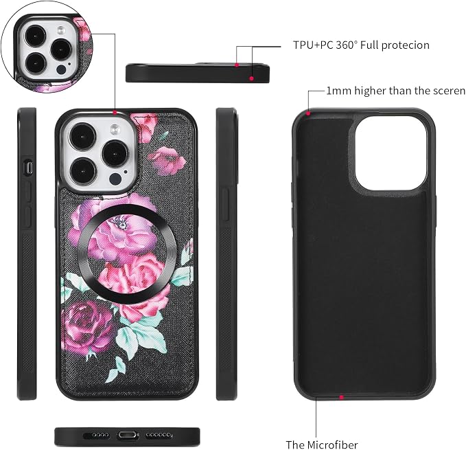 Crossbody Wallet Case for iPhone 16 Pro Max, Magnetic Detachable Floral PU Leather Phone Case with RFID Blocking Card Holder Wristlet Mirror Flip Zipper Shoulder Purse for Women - Black F