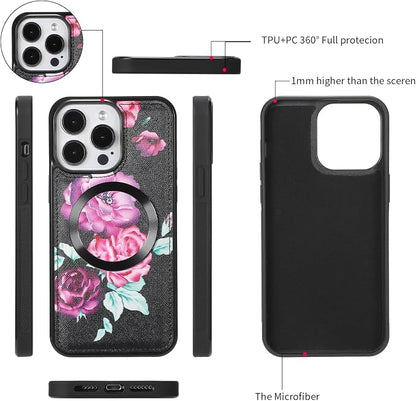 Crossbody Wallet Case for iPhone 16 Pro Max, Magnetic Detachable Floral PU Leather Phone Case with RFID Blocking Card Holder Wristlet Mirror Flip Zipper Shoulder Purse for Women - Black F