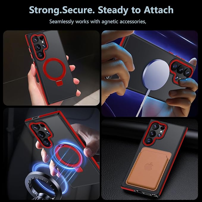 for Samsung Galaxy S24 Ultra Case, Magnetic Adjustable Ring Stand [Fit for Magsafe], [Military-Grade Shockproof Protection] Phone Case for S24 Ultra Case with Kickstand&Ring Holder (Red)