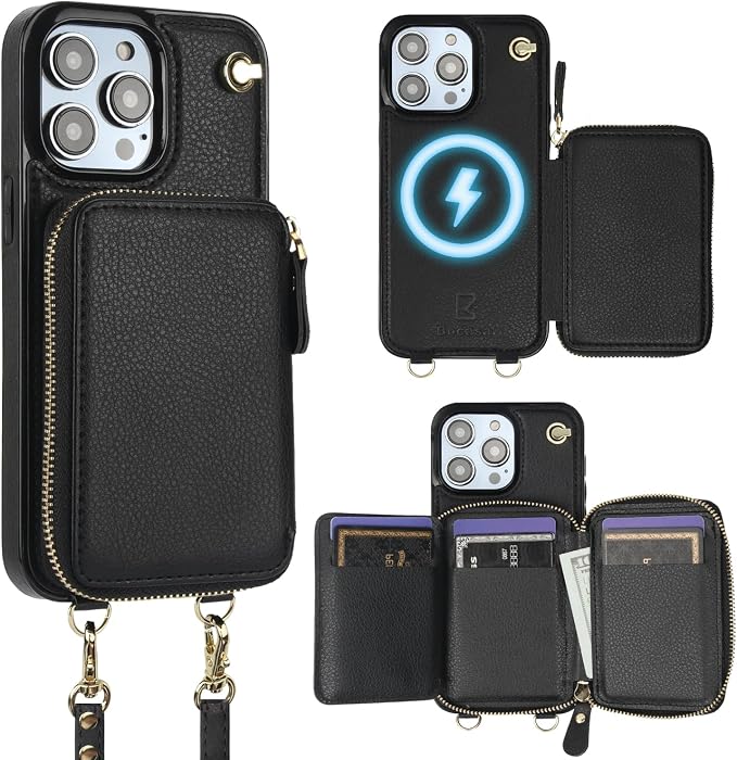 Bocasal for MagSafe Crossbody Wallet Case Compatible with iPhone 14 Pro Max, RFID Blocking Protective Purse Case with Card Slots Holder Kickstand Wrist Strap Lanyard Zipper 6.7 Inch 5G (Black)