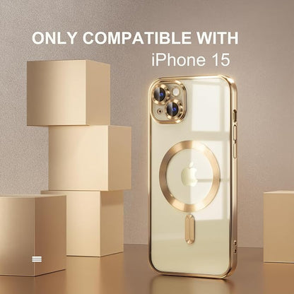 Misea Magnetic for iPhone 15 Case Compatible with MagSafe [Never Yellowing] [Military Grade Drop Protection] Full Camera Lens Protector Plating Soft Clear Phone Case for Women, Gold