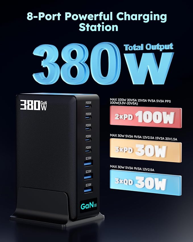 380W USB-C Charger Block, 8-Port USB-C Charging Station PD 30W + 100W PC Laptop, Fast Charging Hub with High-Power Fast Charging Cable for MacBook Pro/Air, DELL, iPad, iPhone, Samsung Galaxy Black
