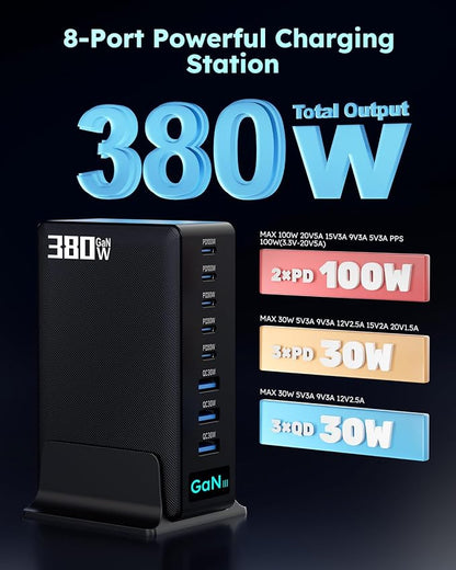 380W USB-C Charger Block, 8-Port USB-C Charging Station PD 30W + 100W PC Laptop, Fast Charging Hub with High-Power Fast Charging Cable for MacBook Pro/Air, DELL, iPad, iPhone, Samsung Galaxy Black