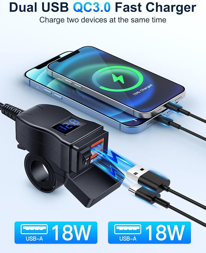 EXTRACTME Motorcycle USB Charger, Total 36W Dual USB QC3.0 Motorcycle Phone Charger with Voltage Monitor & ON/Off Switch, ATV/Motorcycle Accessories for All Phone, Tablet, GPS(Blue)