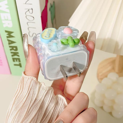 Lovmooful Compatible for iPhone 18W/20W USB-C Charger Cover Clear Lovely 3D Flower Floral Bowknot Soft Charger Protector Cute Cable Case Saver Protector for Girls Women-(Blue Flower) 2