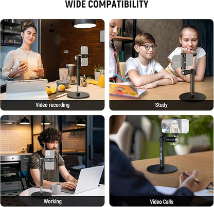 NEEWER Cell Phone Stand for Desk, Adjustable Office Table Phone Holder Mount Compatible with iPhone Samsung for Video Recording Filming, 360° Ball Head, Foldable Arm, Weighted Metal Base, MT010