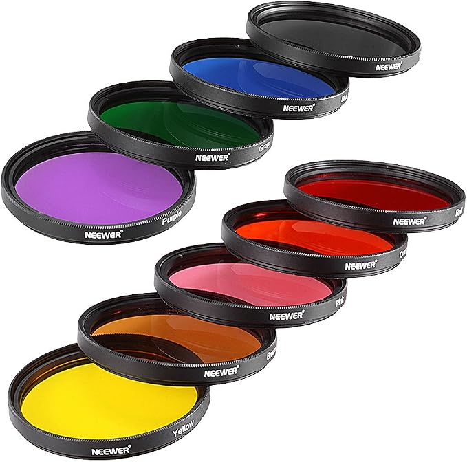 NEEWER 9PCS Full Color Lens Filter Set, 58mm Resin Lens Filters with Red, Orange, Blue, Yellow, Green, Brown, Purple, Pink, Gray Color Available with 2 Pouches, Camera Lens Accessories