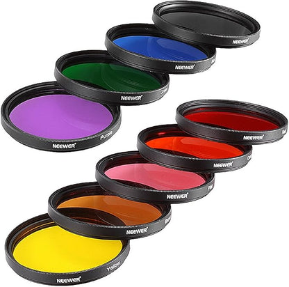 NEEWER 9PCS Full Color Lens Filter Set, 58mm Resin Lens Filters with Red, Orange, Blue, Yellow, Green, Brown, Purple, Pink, Gray Color Available with 2 Pouches, Camera Lens Accessories