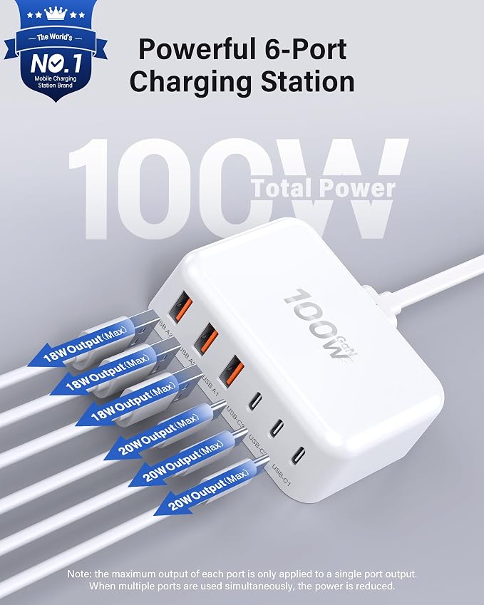 [2026 Updated] USB C Fast Charger, 100W GaN 6 Port Type C Charging Station Hub Block Cube, USB C Wall Charger Power Strip Adapter Plug for iPad iPhone 17 16 15 14 Pro Max Pixel Note Galaxy, 5ft Cord
