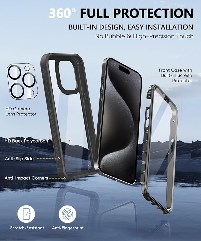 Compatible with iPhone 15 Pro Case, Built-in Screen Protector, with Camera Lens Protector, Anti-Yellowing Full Body Phone Case, Shockproof Protective Cover for 15Pro 6.1" (Black)