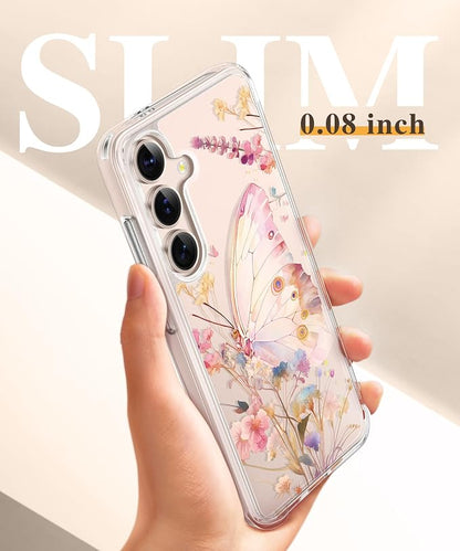 GVIEWIN for Samsung Galaxy S25 Case, Clear Floral Slim Shockproof Protective Women Phone Case, Non-Yellowing, with Screen Protector & Camera Lens Protector for Galaxy S25 6.2", Magic Butterfly/Golden