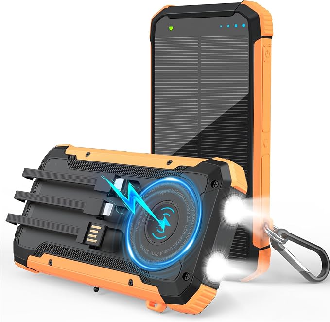 Solar Power Bank 20000mAh, Portable Charger with Built-in 3 Cables (USB-C/Lightning/Micro-USB), 15W Fast Charge, Battery Pack for iPhone Samsung Android, Solar for Emergency Only, Perfect for Camping