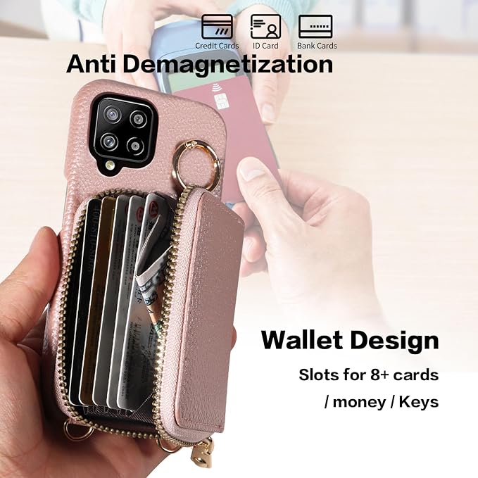 Wallet Case for Samsung Galaxy A22 4G 6.4 inch with Shoulder Strap Ring Buckle, PU Leather Zipper Organ Purse, Credit Card Holder Stand Phone Cover for M32 M22 F22 A 22 22A G4 Women Rose Gold