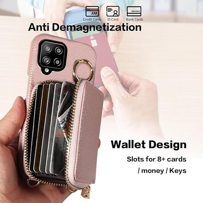 Wallet Case for Samsung Galaxy A22 4G 6.4 inch with Shoulder Strap Ring Buckle, PU Leather Zipper Organ Purse, Credit Card Holder Stand Phone Cover for M32 M22 F22 A 22 22A G4 Women Rose Gold