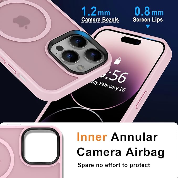 MOCCA Strong Magnetic for iPhone 14 Pro Max Case [Compatible with Magsafe] [10FT Military Grade Protective] Translucent Matte Slim Shockproof Case for iPhone 14 Pro Max 6.7"-Pink