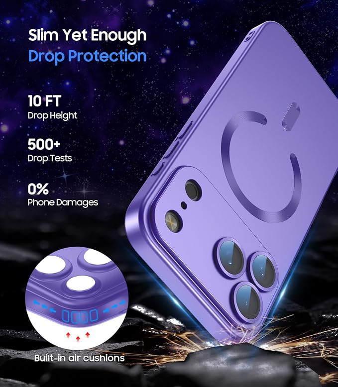 Magnetic for iPhone 17 Pro Case [Compatible with MagSafe][Built-in Camera Lens Protector] Slim Thin Soft Silicone Bumper Shockproof Metallic Luster Phone Case (Purple)