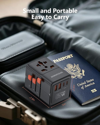 Universal Travel Adapter, International Power Adapter with 2 USB C (GaN 65W) 2 USB A Ports, All in One Worldwide Plug Adapter, Travel Essentials for USA to Europe UK Germany Italy Australia, Black