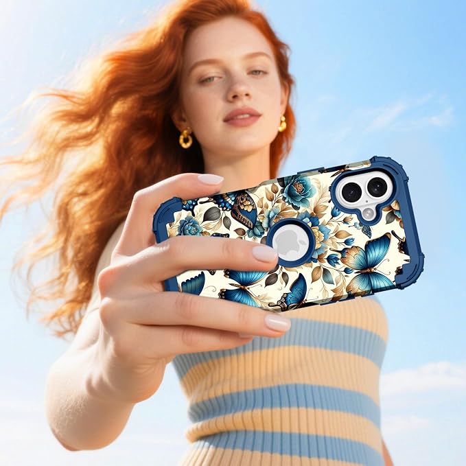 Hocase for iPhone 16 Case 6.1", Heavy Duty Shockproof Protection Soft Silicone Rubber+Hard Plastic Bumpers Hybrid Protective Case for iPhone 16 2024 - Blue Butterflies