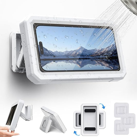Shower Phone Holder Waterproof,480° Rotatable, Multi-Angle Adjustable Wall Mounted Phone Holder for Bathroom Bathtub Kitchen Mirror, Compatible with All 4-7" Smartphones