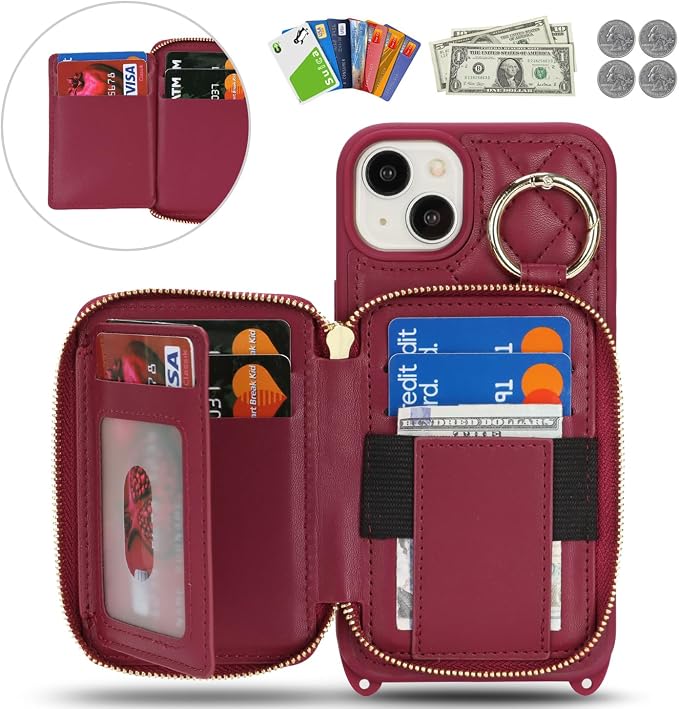 Crossbody Wallet Case for iPhone 14 Plus, PU Leather Zipper Handbag Purse Flip Cover, Kickstand Folio Case with Card Slots Holder Wrist Strap Lanyard 5G 6.7 Inch-Dark red